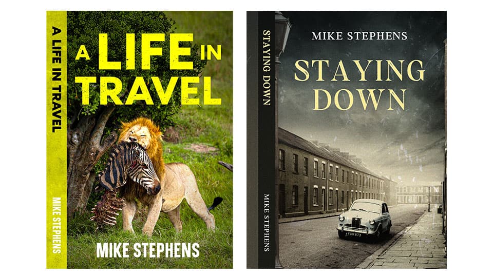 A screenshot of Mike's two books, A Life in Travel and Staying Down. The book A Life in Travel has an image of a lion eating a zebra amongst some green foliage. The book staying down has a photo of a card in between two rows of houses and the sky is grey and there is a dark tint to the image which makes it look old.